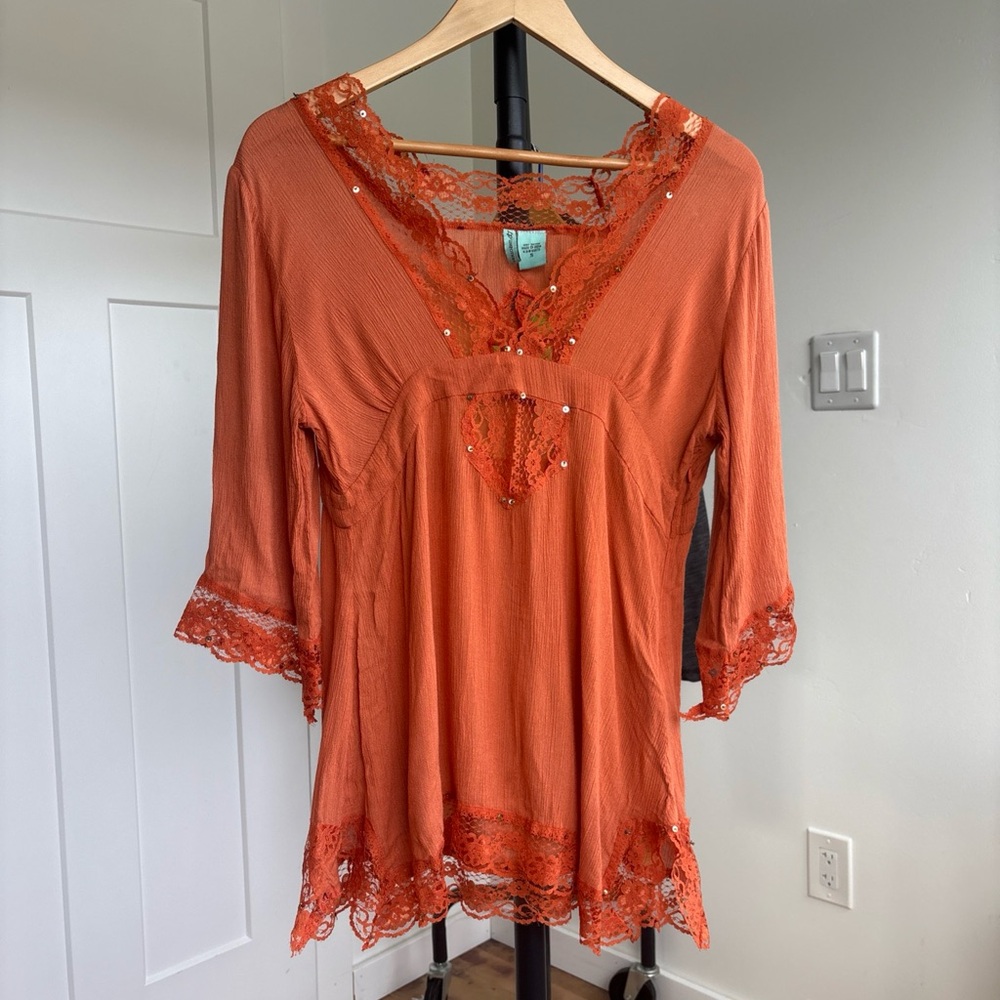 Vintage Y2K Orange Bell Sleeve Fairy Grunge Boho Sheer Whimsy Peasant Lace Top S